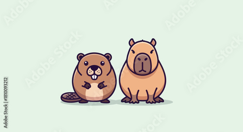 Cute cartoon illustration of a beaver and a capybara standing side by side