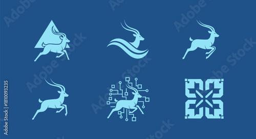 A blue background displays six antelope-like logos in light blue, each with distinct designs