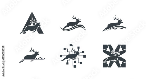 A series of stylized deer/elk/stag silhouettes in motion with varied geometric/digital elements