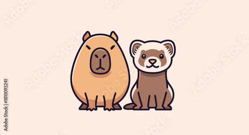 Cartoon capybara and ferret side by side, light brown and tan color scheme