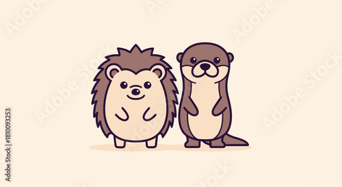 Cartoon illustration featuring a hedgehog and an otter, side-by-side on beige background