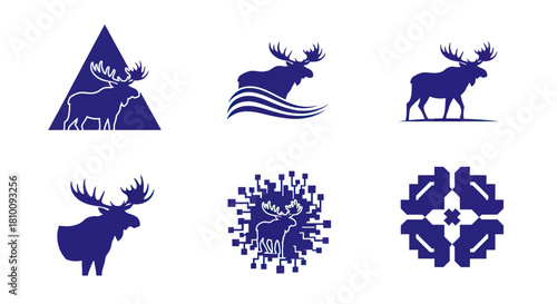 Six stylized illustrations of a moose in dark blue on white background