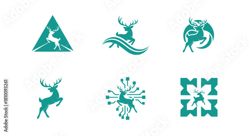 Six teal deer silhouettes in distinct graphical arrangements against a white background