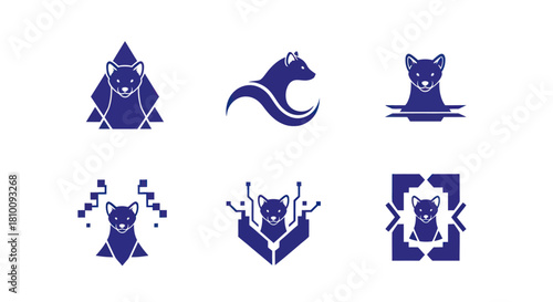 Six variations of a stylized mammal head logo in navy blue against a white background