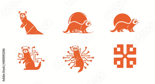 Orange ferret-like animal stylized in various poses and tech-inspired graphics