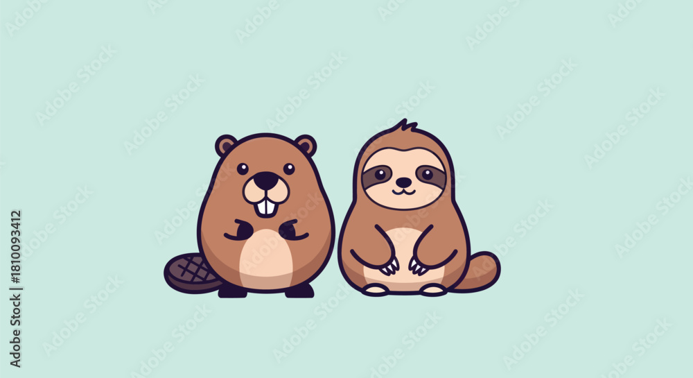 Fototapeta premium Cartoon beaver and sloth characters stand side-by-side on a light-blue background