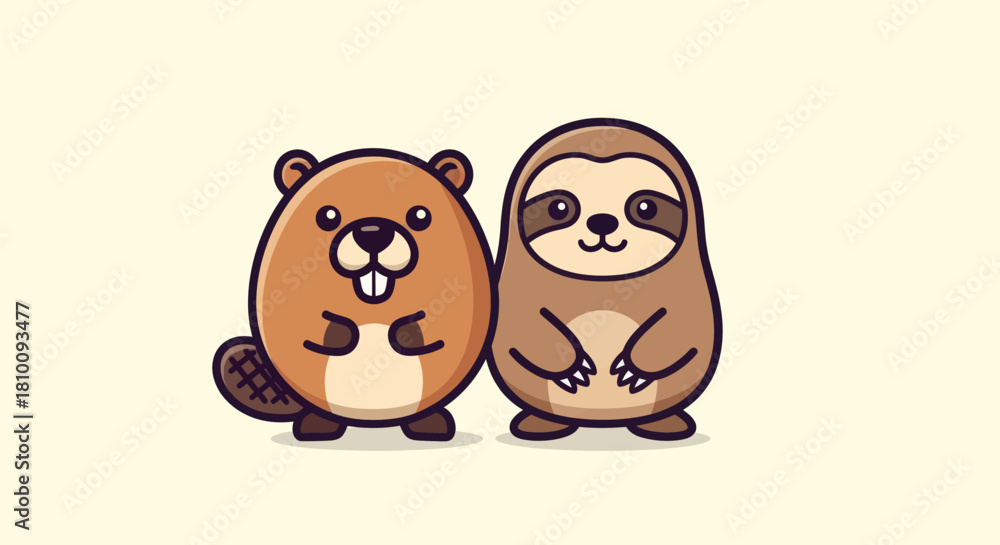 Fototapeta premium Cute cartoon depiction of a beaver and a sloth standing together, smiling, with a solid cream background