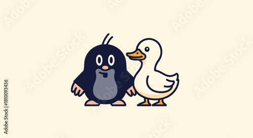 A cartoon mole and duck stand side-by-side on a cream background, looking friendly