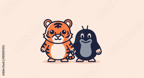 Two cartoon animal friends, a tiger and a mole, hold hands on a cream background