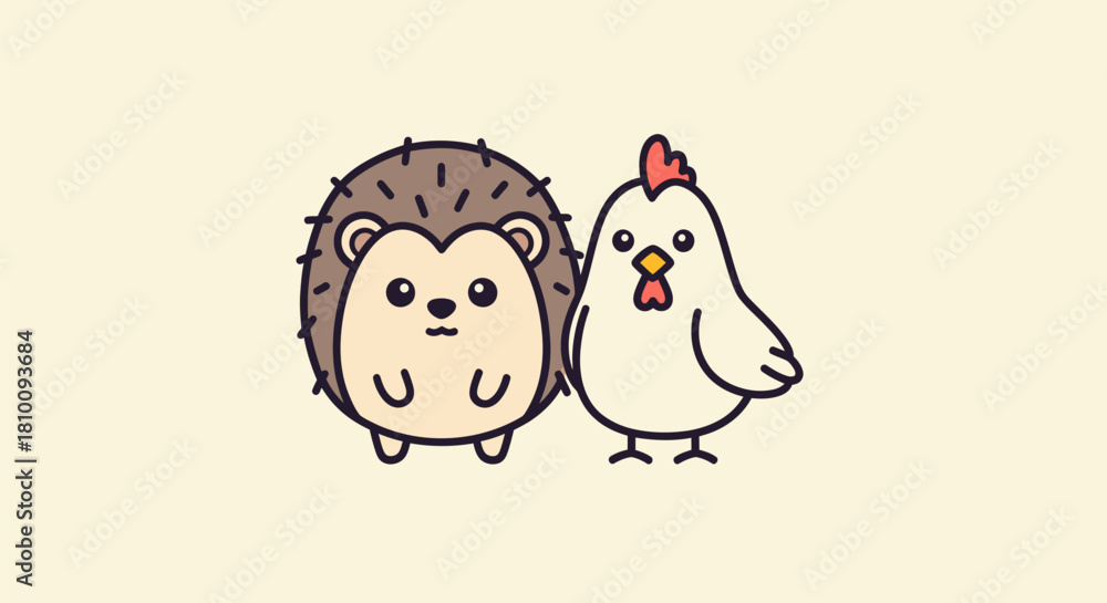 Obraz premium A cartoon hedgehog and a chicken stand together against a light background