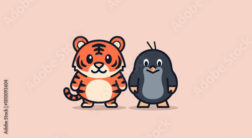 A cartoon tiger and mole/penguin hybrid stand side by side on a pastel pink background
