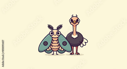 A charming, stylized illustration of a friendly moth and ostrich side by side
