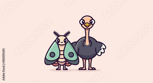A friendly cartoon moth and ostrich stand together on a pale pink background