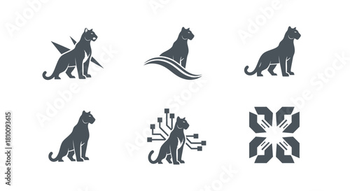 Six abstract designs using a panther silhouette, modified in various ways