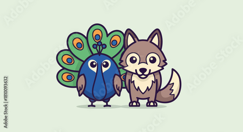 Cartoon illustration of a peacock with a fanned tail beside a friendly wolf