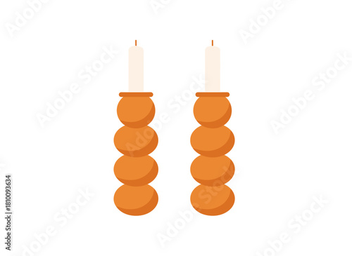 Tall pillar candles in candlesticks, unlit wax poles, and tall pillars in candleholders, perfect for cozy home decoration and romantic decor, depicted as a flat vector illustration on a white