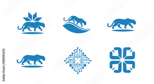A collection of six blue icons on white. Jaguars and abstract designs in various arrangements