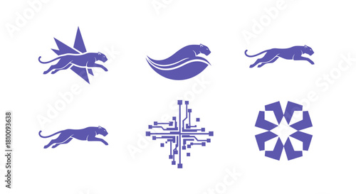 Six indigo graphic symbols on white leaping big cats, a circuit board and a geometric shape