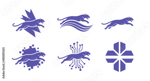 A collection of six blue-purple stylized running panther designs on a white background