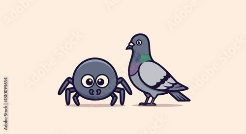 A cartoon spider and pigeon stand side-by-side on a cream background