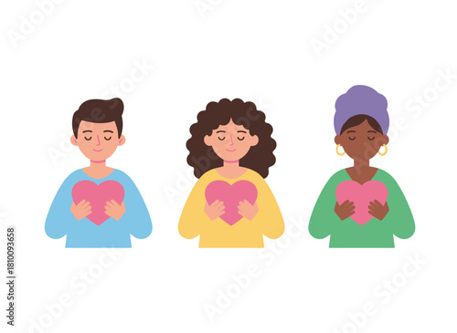 Illustration of compassionate people with hearts, a volunteer community group, embodying care, charity, trust, and support, reflecting altruism, empathy, and humanity, presented as a flat vector on a