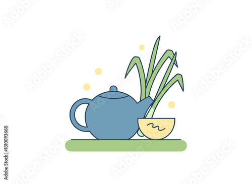 Hand‑drawn, vintage‑style vector illustration featuring a detailed monochrome teapot, a clear glass cup, and sliced lemongrass stems against a gray backdrop, depicting a delicious flavored drink for