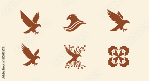 Brown eagle silhouettes on cream background flying, crest, circuit design, and ornamental forms
