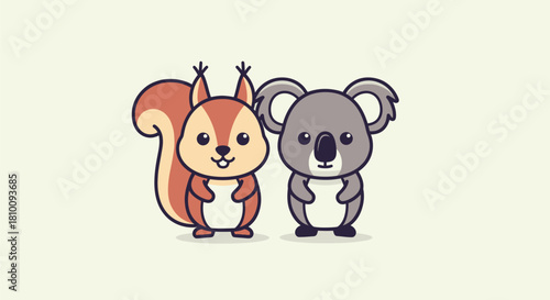 Cartoon depiction of a squirrel and a koala standing side-by-side, on a light yellow background