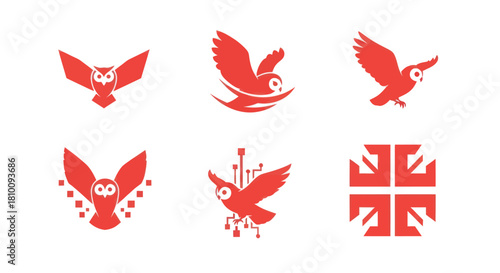 Red graphic designs of owls, showing flight and tech features. One also displays a geometric cross