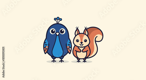 Cartoon peacock and squirrel, pixel art style, on cream background, friendly expressions