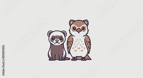 A ferret and owl illustration, simple style, with white background