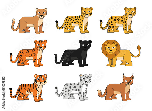 A set of various wild and domestic cats, exotic Felidae species displayed against a white backdrop, featuring a group of charming cartoon characters in a bright, flat vector style