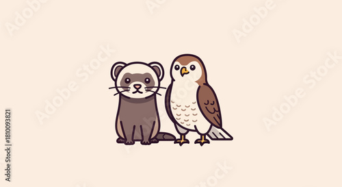 Adorable illustration featuring a ferret and a bird. Both are brown with simple, cute designs