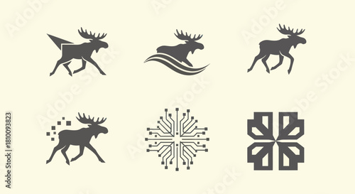 Six gray logo designs on cream background; moose icons and geometric/electronic symbols