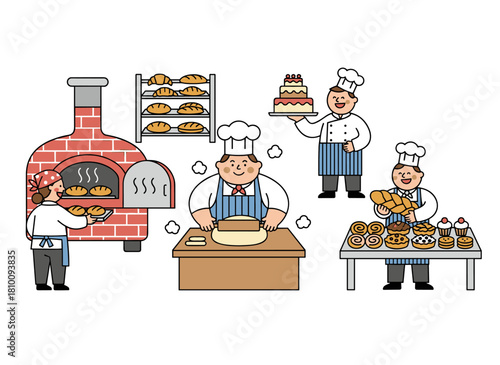 A set of cheerful male and female bakers preparing bread and sweets, depicted as a flat, colorful cartoon vector illustration against a white background