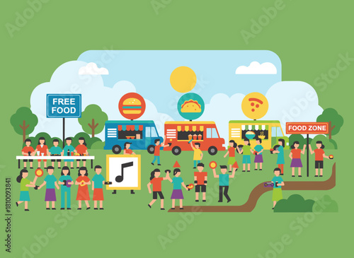 Vector illustration of a summer street food festival poster featuring men and women strolling between trucks and stalls, purchasing homemade meals, and enjoying food and drinks for a seasonal event