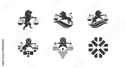 Six black and white logos featuring lions, scales, and geometric shapes