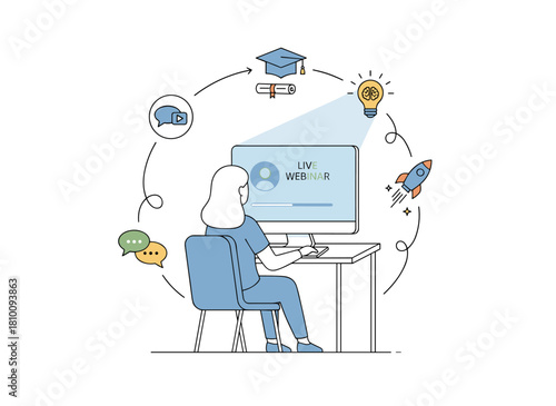 A woman seated at a computer, surrounded by web icons, watches an online lecture from a rear view; a girl listens to an internet lesson illustrated with line art on a white background, all rendered