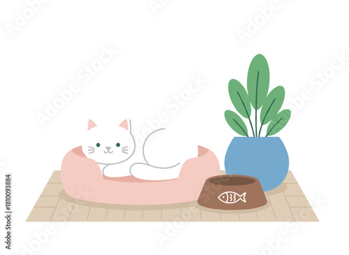 A charming white cat sprawls on a carpet in a flat vector illustration, lounging beside a potted houseplant and an empty bowl, its green eyes gleaming as it patiently waits for food