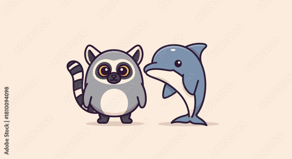 Naklejka premium Cartoon illustration featuring a raccoon-like animal and a dolphin on a neutral background