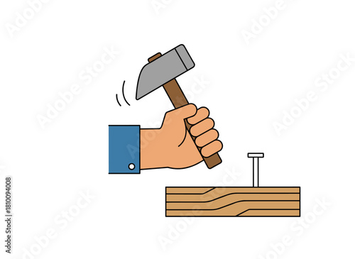 A hammer strikes to drive a nail while a hand grips a repair tool, illustrating a carpenter’s equipment and construction craft by a handyman in a flat vector illustration set against a white