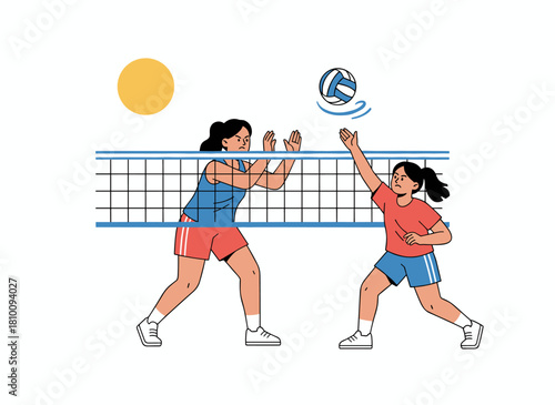 An upbeat mother and daughter shoot hoops together, enjoying a playful training session, as a parent and child engage in athletic activity, depicted in a vibrant flat cartoon vector illustration