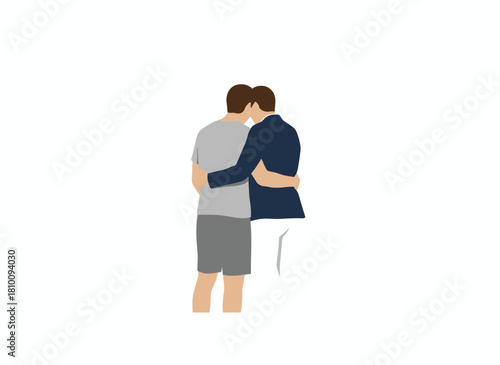 Two cheerful young men stand together, embracing or hugging, celebrating a joyful reunion of friends or brothers, depicted as cute cartoon characters against a white background in a colored