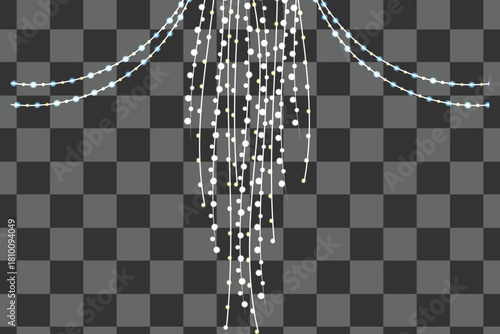 Cascading white string lights decoration with hanging garlands on transparent background.