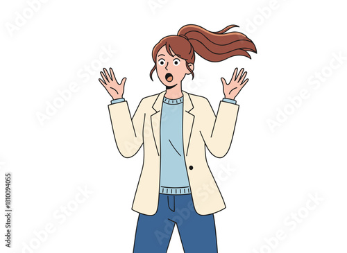 A delighted and astonished individual reacts to something unexpected, creating a wow effect; a joyful woman gazes at something unbelievable with rapture, all depicted in a flat vector illustration