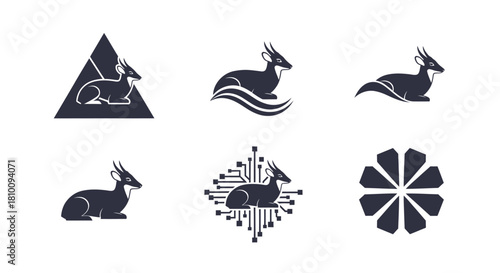 Six minimalist logos featuring a stylized antelope in various geometric compositions