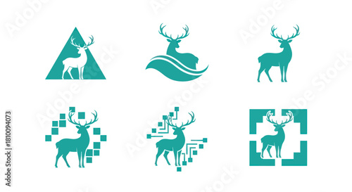 Six stylized stag emblems on white. Shapes, digital patterns, and variations in a teal color