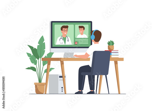 Virtual meeting via video call with a remote employee, cheerful coworkers engaging in work and business discussions, illustrating online communication in a flat vector style on a white background