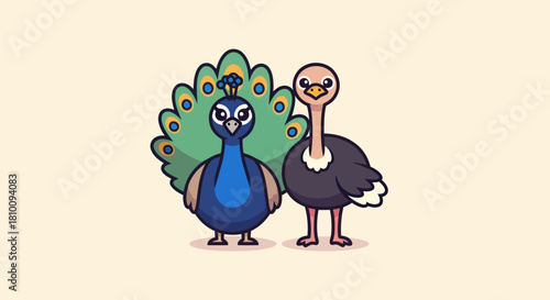 Illustration features a peacock with a fanned tail, next to a tall ostrich