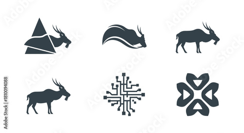 Six dark silhouettes antelope designs, tech circuit, and a floral-like shape on a white background